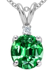 Tommaso Design (tm) Round Simulated Emerald And Genuine Diamond Pendant in 14 kt White Gold