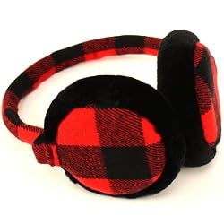 Winter Ski Fuzzy Earmuff Buffalo Plaid Adjustable Red with Black