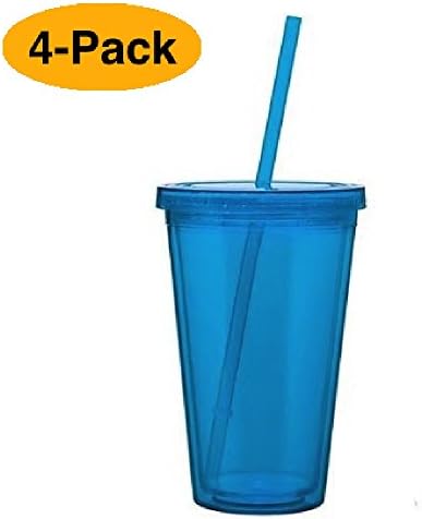 4 Pack 16 Oz Double Wall Insulated Tumblers w/ Straw and Lid (Blue)