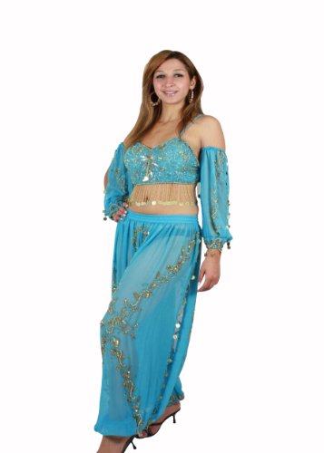 Dreiteiliges Bauchtanzkostüm Haremsdame Karneval Fasching Kostüm, Free Size (S bis XL) 38-50, türkis-gold