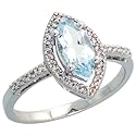14k White Gold Marquise-shaped Stone Ring, w/ 0.14 Carat Brilliant Cut Diamonds & 1.00 Carat (10x5mm) Marquise Cut Aquamarine Stone, 9/16" (14mm) wide