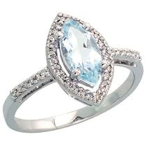 14k White Gold Marquise-shaped Stone Ring, w/ 0.14 Carat Brilliant Cut Diamonds & 1.00 Carat (10x5mm) Marquise Cut Aquamarine Stone, 9/16" (14mm) wide