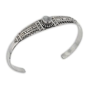 Sterling Silver Egyptian Style Rainbow Moonstone Cuff Bracelet by 