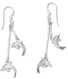 Solid Sterling Silver Hanging Dolphins Nautical Earrings
