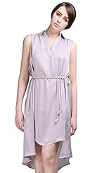 V-neck High-Low-Hem Pleated Belted Shift Sleeveless Polyester Midi Dress 