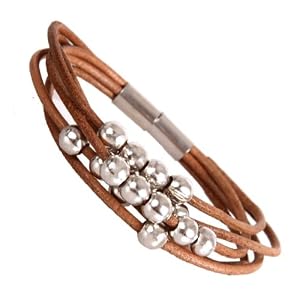 Amazon.com: Stylish Urban Jewelry Leather Bracelet for Women Silver Color Beads Cuff with Magnetic Stainless Steel Clasp 7