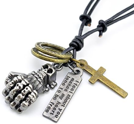 Men's Alloy Genuine Leather Vintage Bullet Skull Cross Tag Ring Pendant Necklace (Skull Hand)
