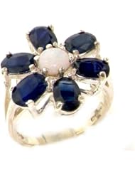 Solid English Sterling Silver Womens Large Fiery Opal & Sapphire Flower Ring - Size 6 - Finger Sizes 5 to 12 Available