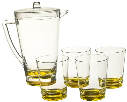 Living Plus Acrylic Pitcher and Glasses with Green Round Bottom - Set of 1 Pitcher and 4 Glasses
