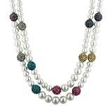 2-Row White Simulated Pearl and Multi-Color Pave Gun Metal Tone Necklace, 17.5+3 Extender