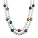 2-Row White Simulated Pearl and Multi-Color Pave Gun Metal Tone Necklace, 17.5+3