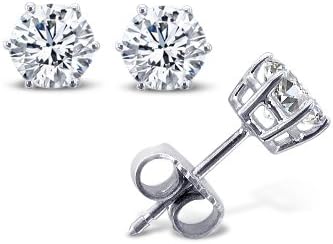Six Prong Sterling Silver Stud Earrings 3.00 Carat Total Weight. 1.50 Carat Each Stone. Heavy Quality Basket Settings