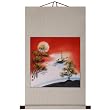 Hand-Painted 36" Oriental Wall Art Scroll - Fishing Boat at Sunset With Beige Border