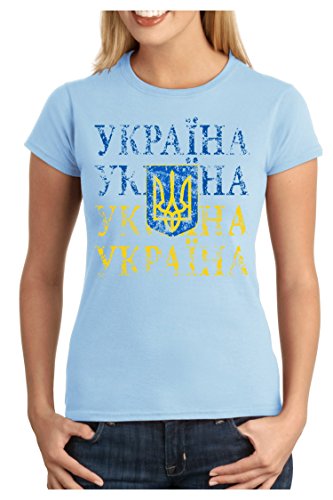 OM3 – UKRAJINA – Damen T-Shirt tailliert – UKRAINE EM 2016 FRANKREICH FRANCE FUSSBALL FANSHIRT SOCCER SPORT TRIKOT EUROPAMEISTER, M, hellblau