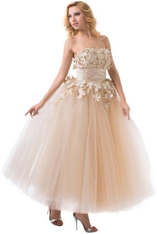 Topwedding Strapless Tulle Ankle Length Evening Dress with Applique, Black, 2