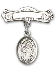 Sterling Silver Baby Badge with St. Boniface Charm and Arched Polished Badge Pin