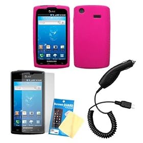 Hot Pink Silicone Case / Skin / Cover, LCD Screen Guard / Protector & Car Charger for Samsung Captivate SGH-I897