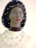 Sn54, Hand Crocheted Black Gimp Large Snood Trimmed with Rhinestones for Women in Combination with Two Strand Light White Pearl Necklace and Earrings
