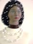 Sn54, Hand Crocheted Black Gimp Large Snood Trimmed with Rhinestones for Women in Combination with Two Strand Light White Pearl Necklace and Earrings