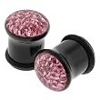 Black Single Flared Pink Gem-Studded Plug with Clear Dome Coating and "O" Ring - 6G - Sold as a Pair