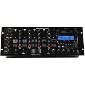 American Audio 19 inch 4 channel mixer with an SD slot and lcd screen to access the SD menu. 2 phono 4 line 4 aux, 2 mic inputs