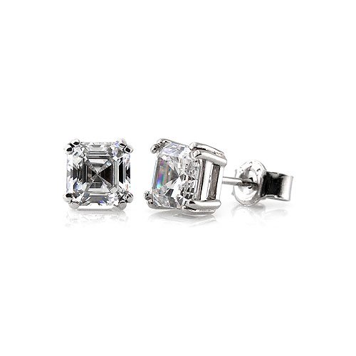 Sterling Silver Earrings 5mm Asscher Cubic Zirconia CZ Solitaire Earrings - For Valentines Day Gift