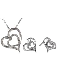 Sterling Silver 0.03 cttw Diamond Heart Earrings and Pendant Necklace Jewelry Set (I/J,I3)