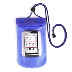 Blue Waterproof Mobile Phone Bag / Dry Pouch With Neck Strap For Touchscreen Phones Including Sony Xperia S, Ericsson Xperia Arc S & ZTE Tania