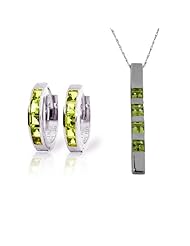 14k White Gold Jewelry Set: Natural Peridot Pendant Necklace and Huggie Hoop Earrings
