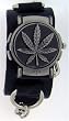 Herbal Steel Reverse Flip Leather Loops Black Band Round Case Dial Punk Alternative Indie Rock Skater Wide Black Leather Band Wrist Watch
