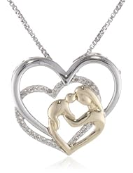 XPY Sterling Silver and 14k Yellow Gold Mothers Jewel Diamond Triple Heart Pendant Necklace, 18"