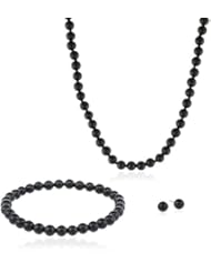 6-6.5mm Black Agate Silvertone Necklace, Bracelet and Earrings Jewelry Set (140.65 cttw)