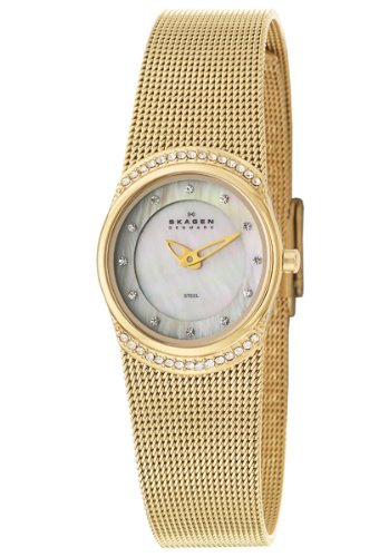 Skagen Women's 686XSGG Crystal Accented Mother of Pearl Gold Mesh Watch