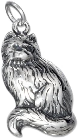 Sterling Silver Small Antiqued Long Haired Curled Tail Cat Charm