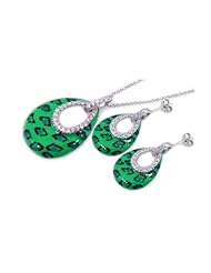 Nickel Free Sterling Silver Pendant & Earring Sets Open Oval Green Leopard Print Set