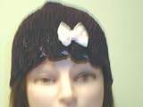 Cp233, Hand Crocheted Dark Brown Color Chenille and Gimp Tweed Skull Cap with One White Bow for Women and Teens