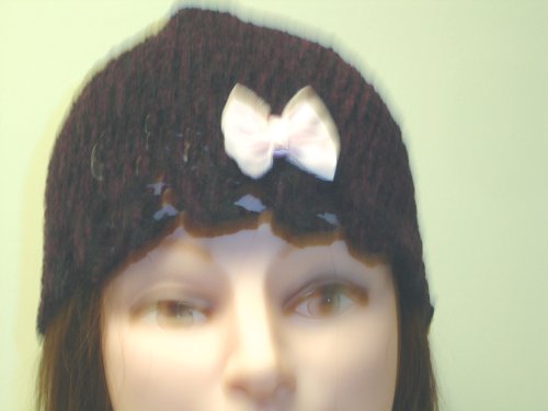 Cp233, Hand Crocheted Dark Brown Color Chenille and Gimp Tweed Skull Cap with One White Bow for Women and Teens