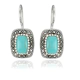 Sterling Silver Marcasite and Lab Created Turquoise Rectangular Drop Earrings