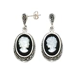 Sterling Silver Marcasite, Onyx and Mother-of-Pearl Cameo Earrings