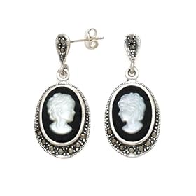 Sterling Silver Marcasite, Onyx and Mother-of-Pearl Cameo Earrings by Puresplash