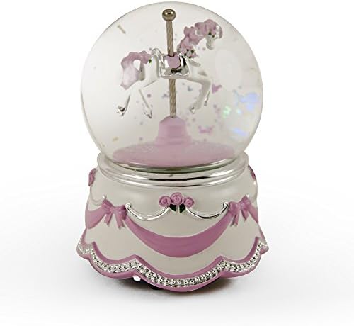 Adorable Animated Carousel Horse Water Globe with Pink Ribbon and Roses Base with 18 Note Tune-Four Seasons, Spring (Vivaldi)