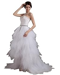 A-line Strapless Floor Length Natural   Waistline Tulle  Beaded Belted Lace  Dress With Ruffles
