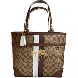 Coach Heritage Stripe Signature Book Bag Tote 13196 Khaki Mahogany