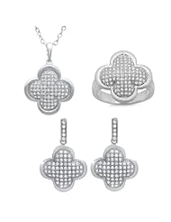 Sterling Silver Micro-Pave CZ Clover Necklace, Earring & Ring Set