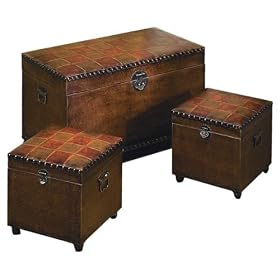 Set 3 London Classic Leather N Wood Chest Trunks