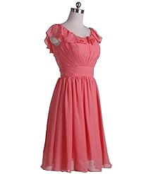 A-line  Ruched Crinkled Lace Chiffon Knee Length Short Scoop Neck Natural   Waistline Bridesmaid Dress  With Ruffles