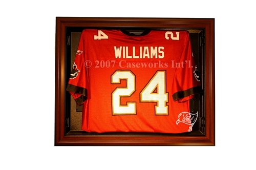 Tampa Bay Buccaneers Football Jersey Display Case with Removable Face and Classic Wood Finish Frame
