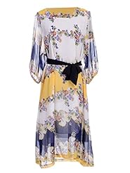 Floral Print Scoop Neck 3/4 Sleeves  Dress With a Ribbon  and a Sash 