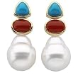 14K Yellow Gold Paspaley South Sea Cultured Pearl, Turquoise and Red Coral Earrings
