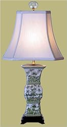 Asian Furniture - 26" Chinese Porcelain Square Vase Oriental Table Lamp w/ Green Tropical Design